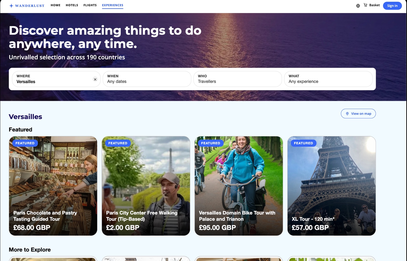 A storefront built with the Holibob SDK, themed as a travel brand: a search bar for where, when, who and what, above featured experiences in Versailles with prices in pounds.